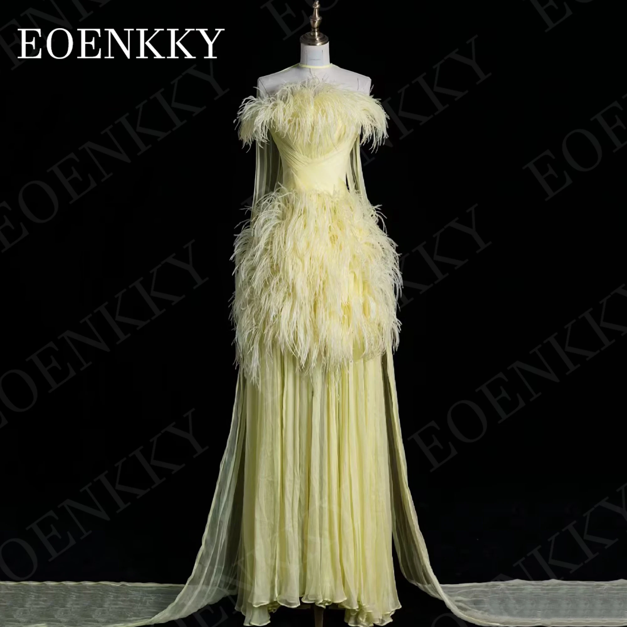 Luxury Feathers Evening Dress Pageant Dubai Strapless Chiffon A Line Ladies Dresses For Special Occasions فساتين سهرات Party