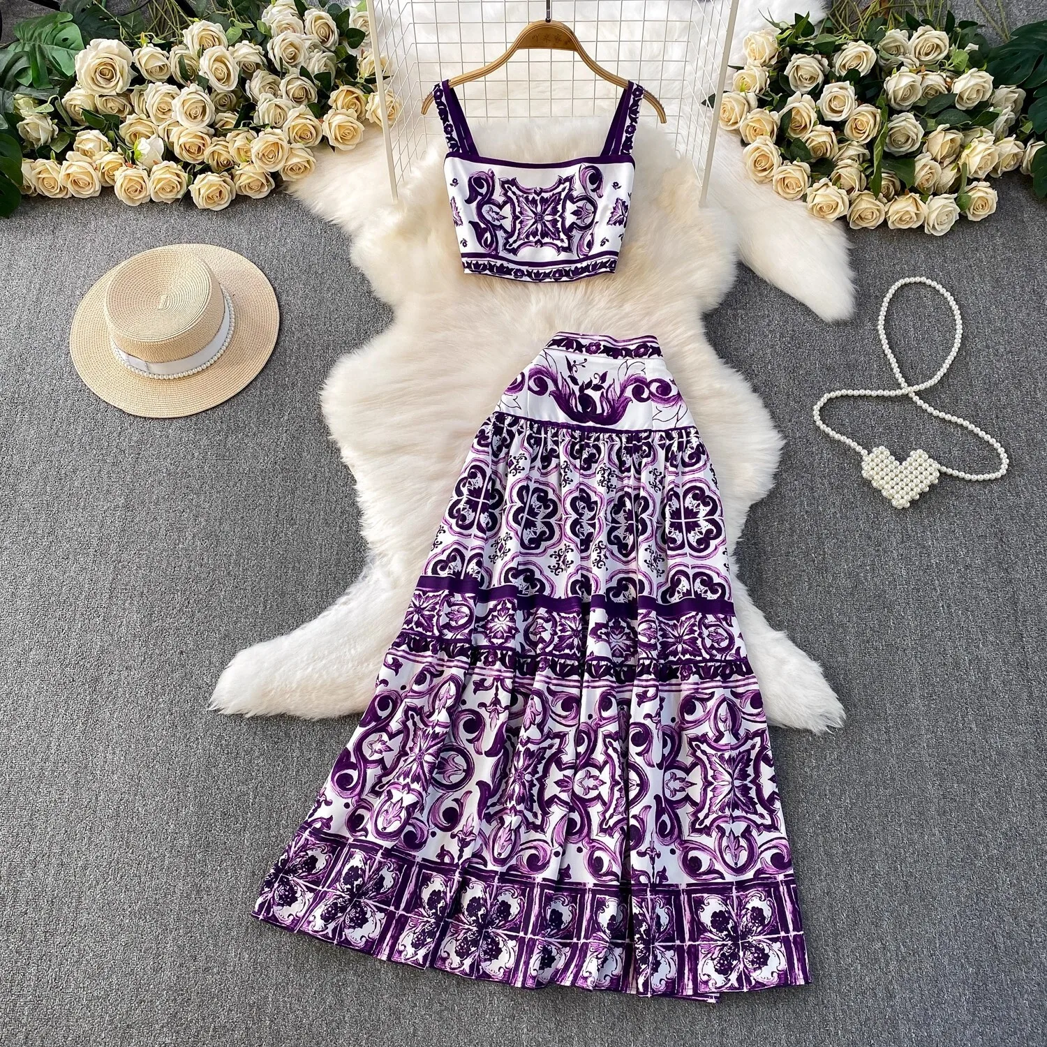 

Повседневные комплекты из двух предметов с сицилийской розой, женские летние каникулы, богемные пляжные длинные платья с цветочным принтом, укороченные топы, макси-юбки, костюмы, наряды