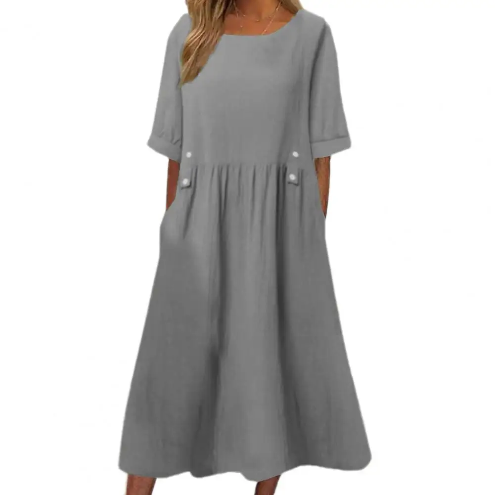 

Summer Women Dress A-line Midi Dress with Pockets Button Decor Pleated Dress