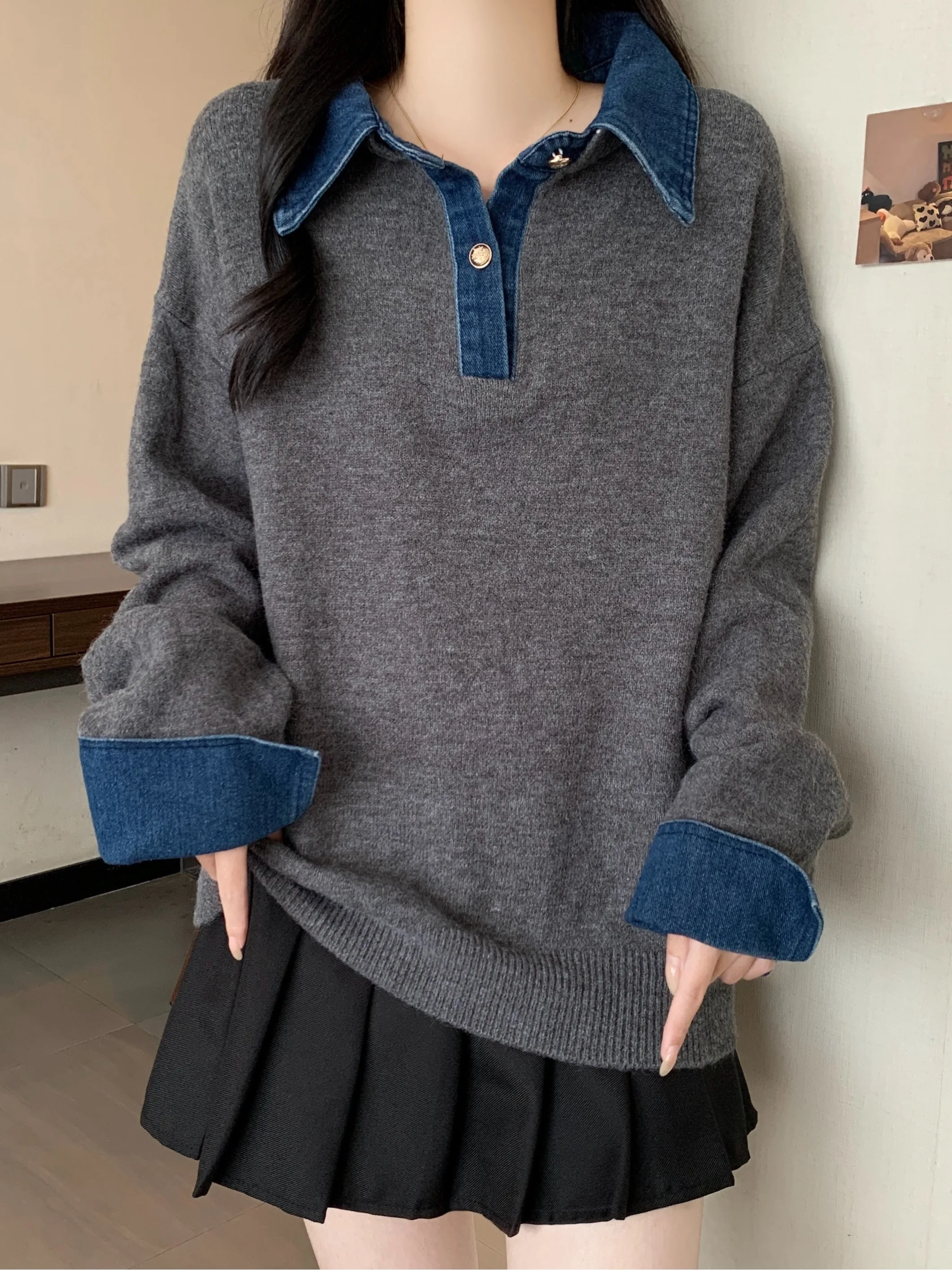 เสื้อสเวตเตอร์ผู้หญิง ดีไซน์ทันสมัย ทรงหลวม ไซส์ใหญ่ สำหรับฤดูใบไม้ร่วงและฤดูหนาว  คอเสื้อเดนิม  ช่วยให้ดูผอมเพรียว