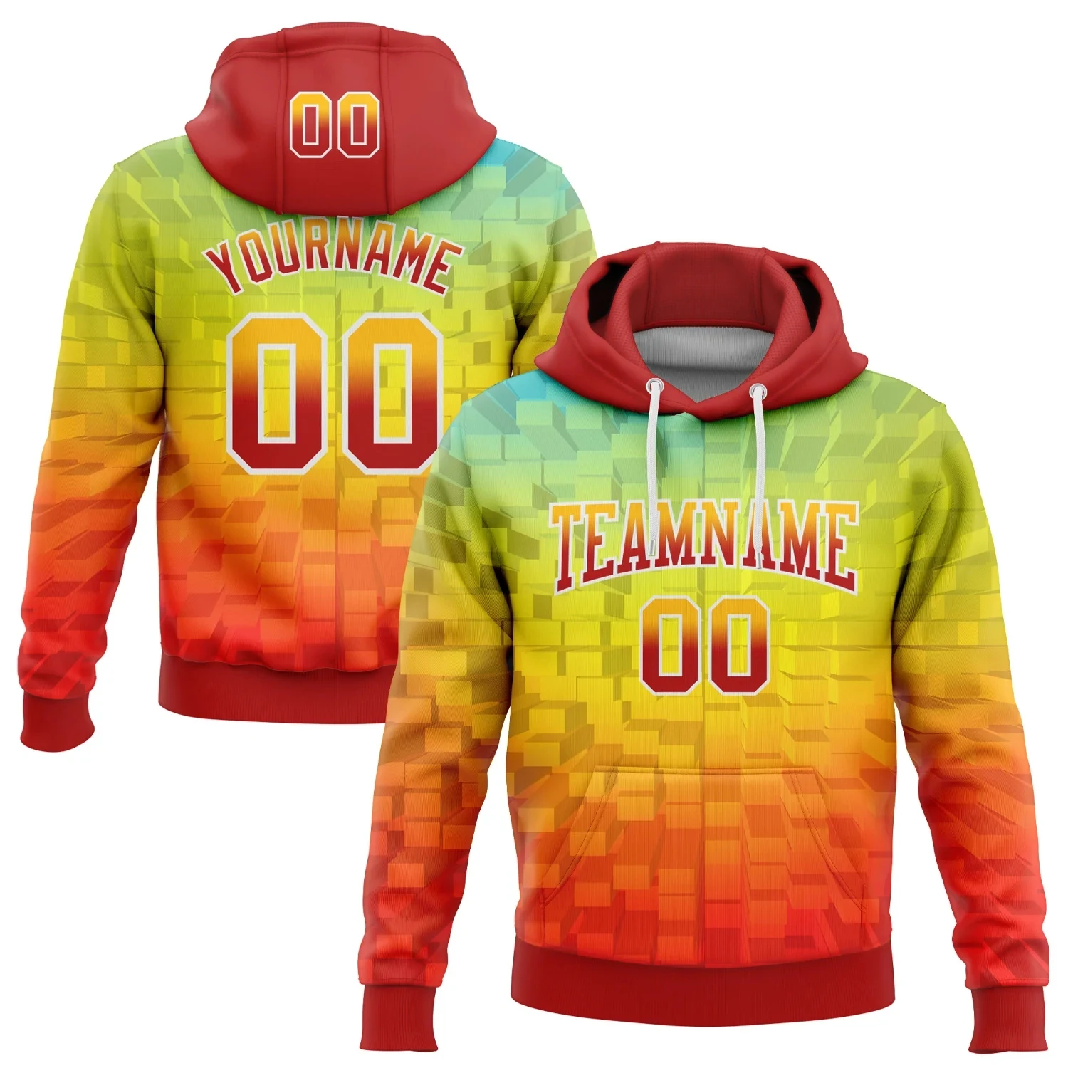 

Custom Name Tema Name Number Hoodies 3D Pattern Design Geometric Gradient Square Shapes Sports Pullover Sweatshirt Hoodie