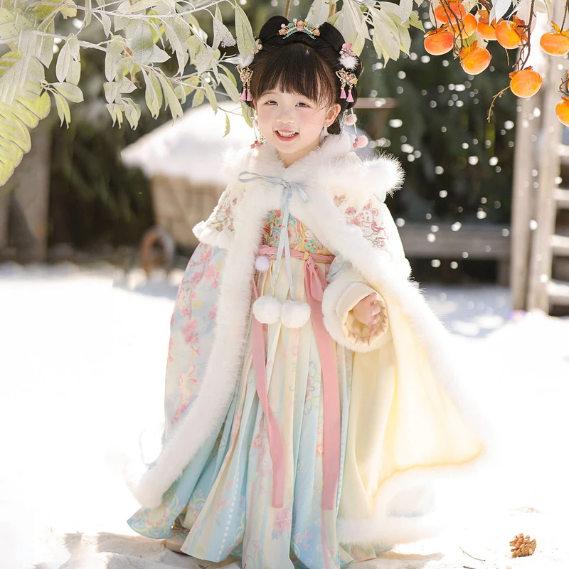 

2025 New Girls Winter Warm Hanfu With Cloak Kids Ancient Fairy Perform Costume Quilted Dress Kids Tang Dance Wear