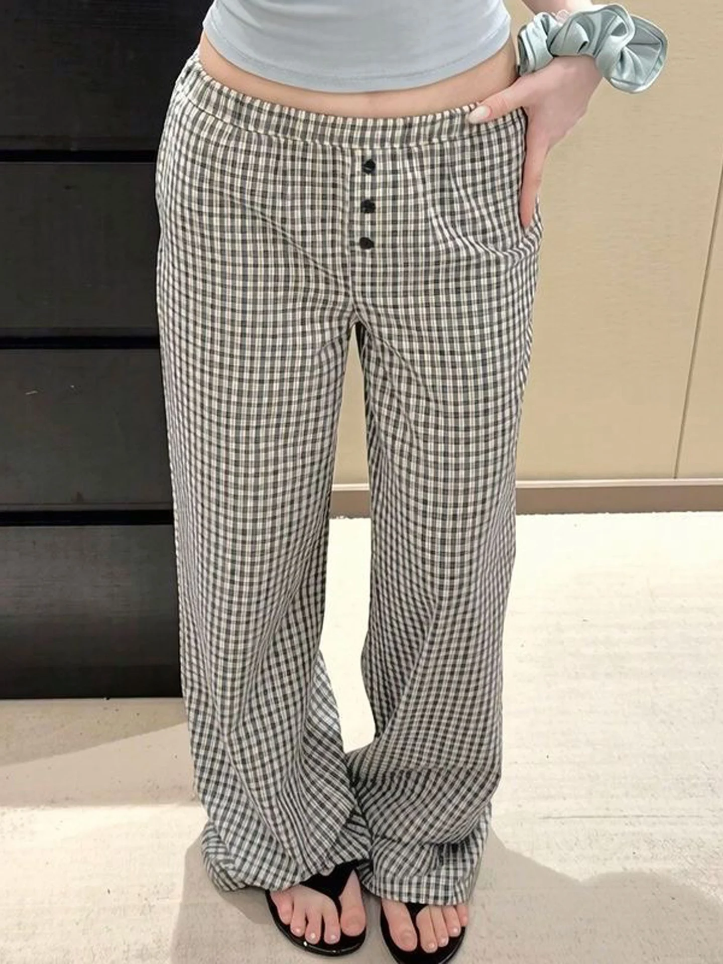 American Style Low Waist Button Straight Leg Pants Women's Casual Checkered Loose Walking Trousers Autumn New Arrival