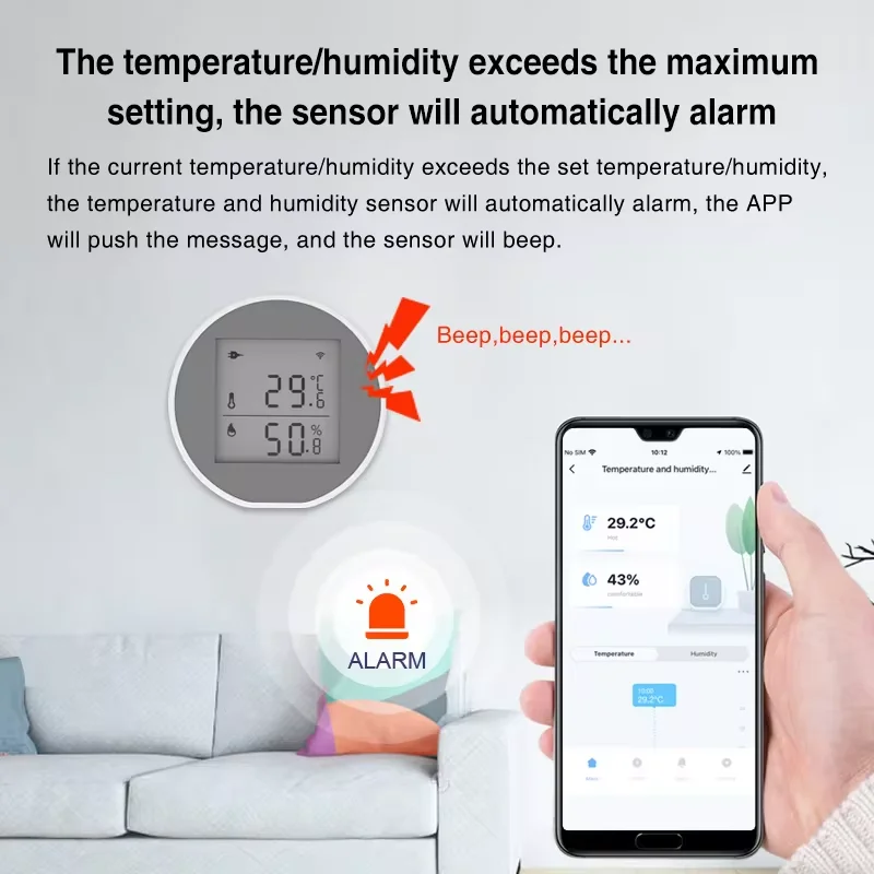 Tuya WiFi Temperature Humidity Sensor LCD Digital Display Thermometer Sensor 55dB Sound Alarm Support USB Or Battery Powered
