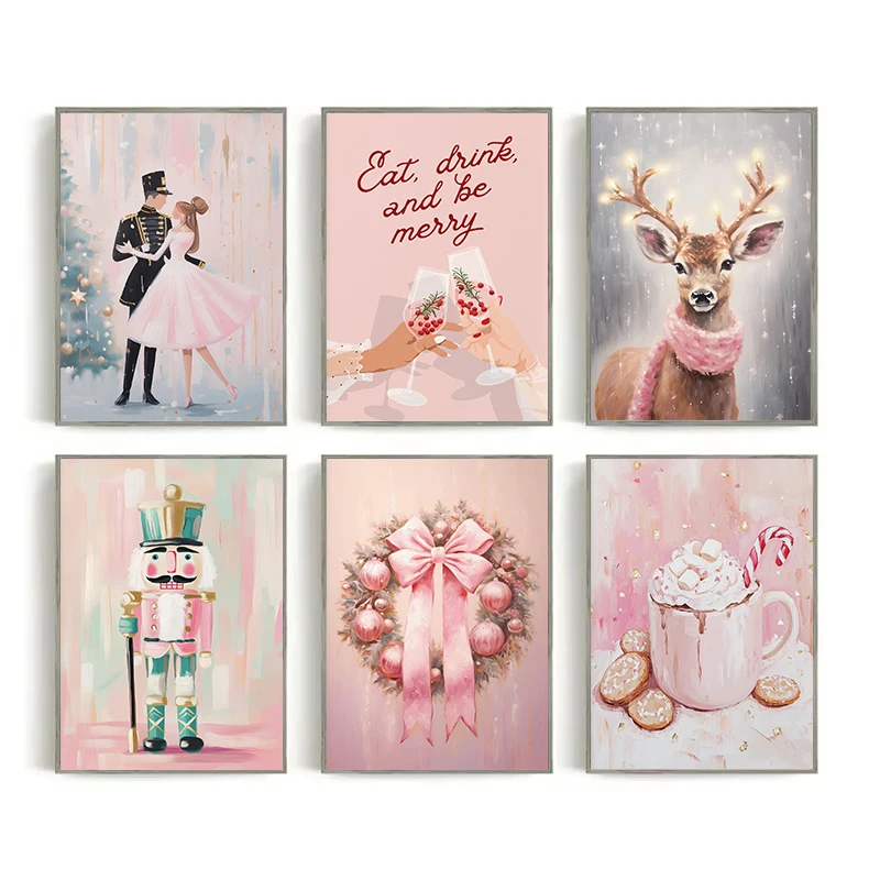 (No frame)Pink Christmas Holiday Wreath Festive Reindeer Cocktail Cheer Sign Poster Canvas Painting Wall Art Pictures Home In