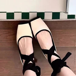 Classic Square Toe Lace Up Ballet Flats Women Fashion Leg Tie Strap Loafers Ladies Casual Ballerina Shoes