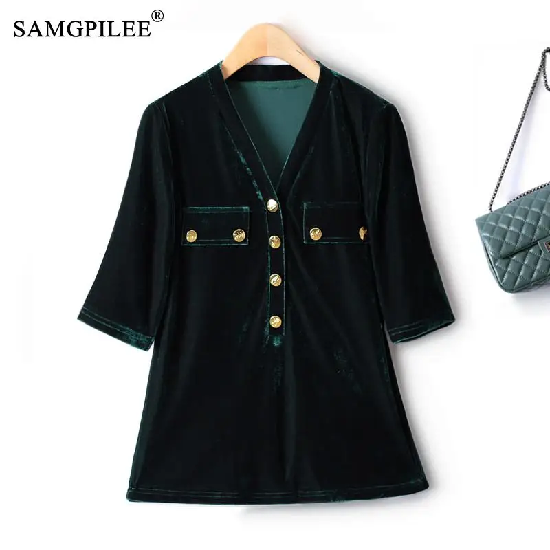 

Fashion Woman Blouses 2022 Autumn Velvet Elastic V-neck Multi Pocket Half Sleeve Korean Fashion Y2k Clothes Women's T-shirts 4XL