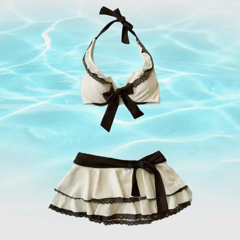 Gentle Retro Black White Contrast Swimsuit Suit Hanging Neck Coat Double Lace Two-piece Seaside Temperament Joker Swimsuit Women