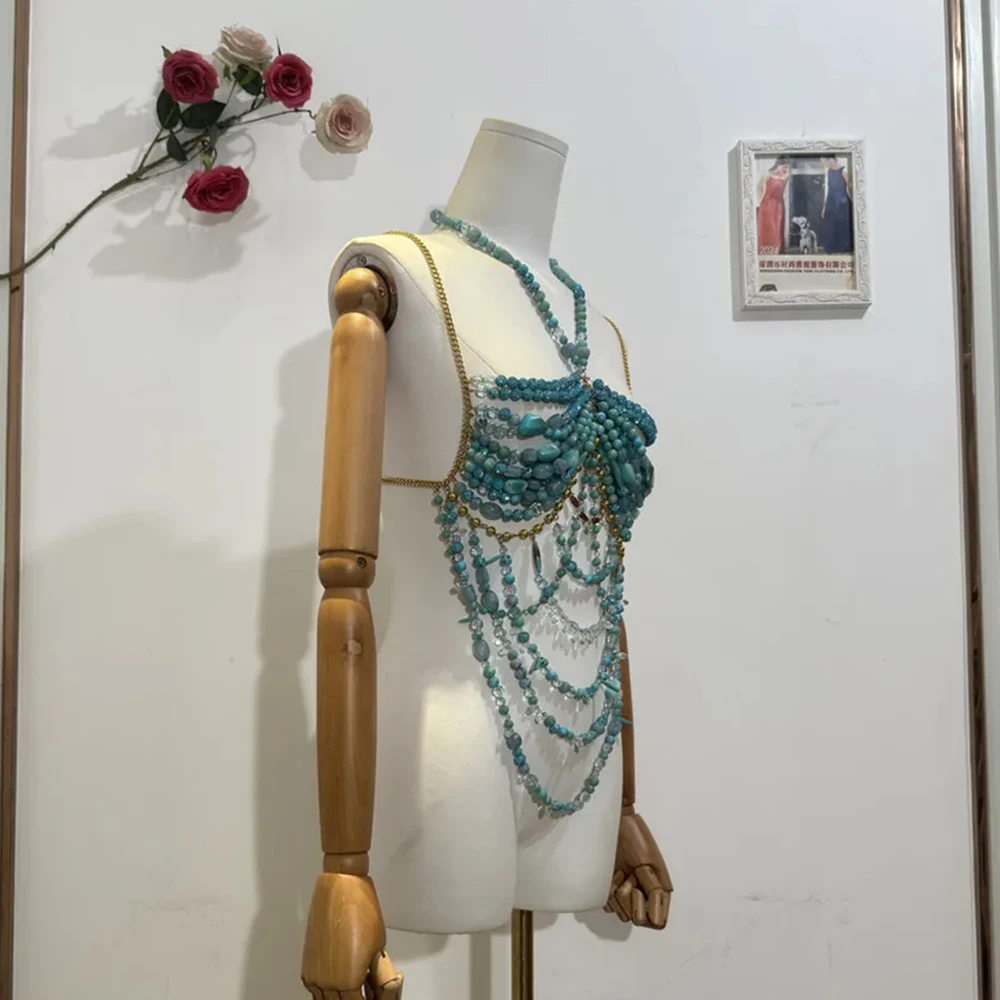 Women's Handmade Turquoise Lavender Multi-Stone Beaded Body Chain Backless Neck Beaded Bustier Bikini Tankini Swimwear Lingeie