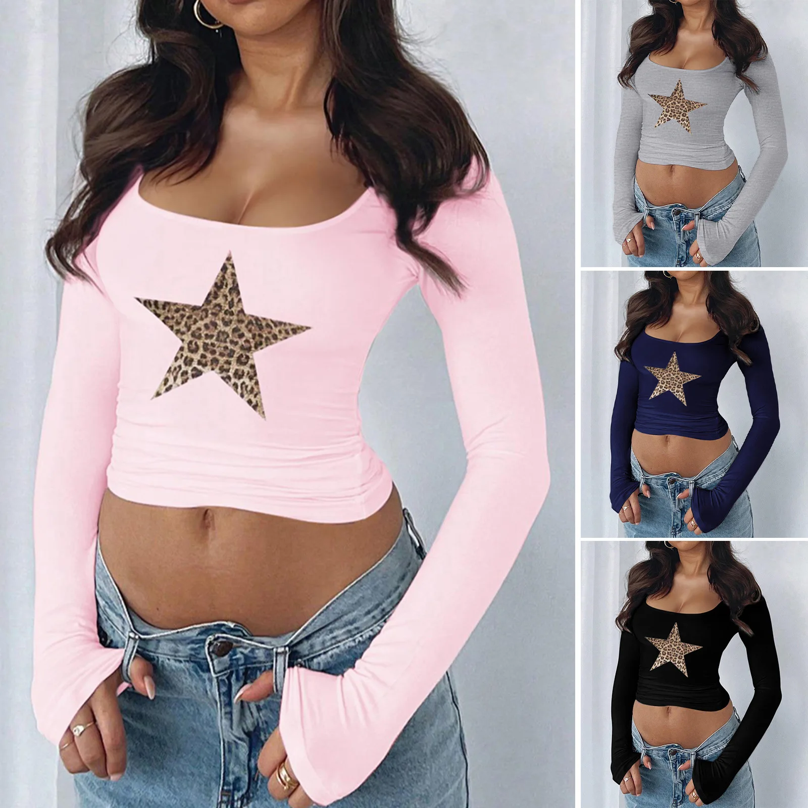 

2025 Spring and Summer Y2K Casual Sexy Low-cut Square-necked Five-pointed Star Long-sleeved Top T-shirt Women's Clothing