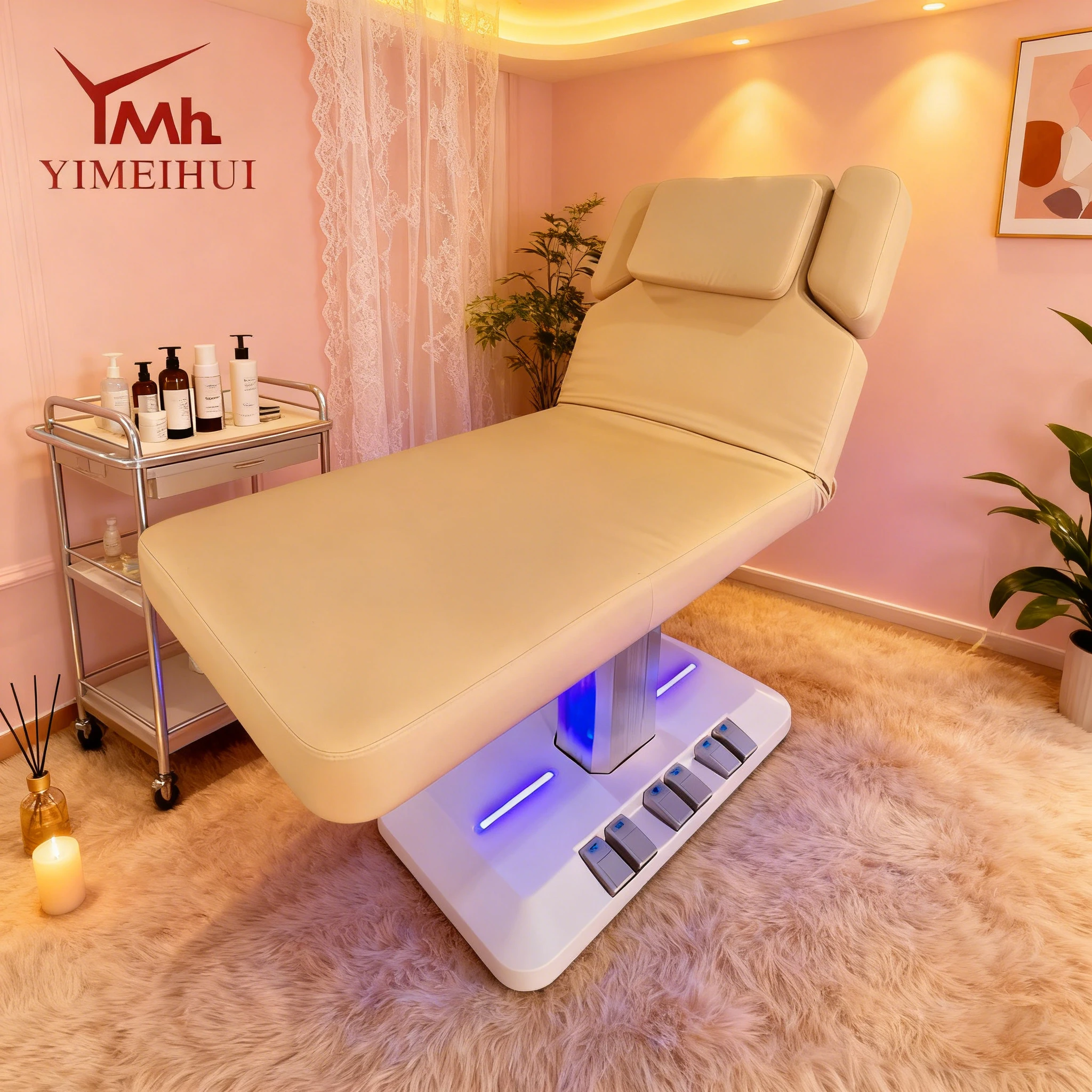Salon Furniture 3 Motors Electric Beauty Bed Single Column Base Salon Electric Spa Massage Bed With Built-in Foot Control