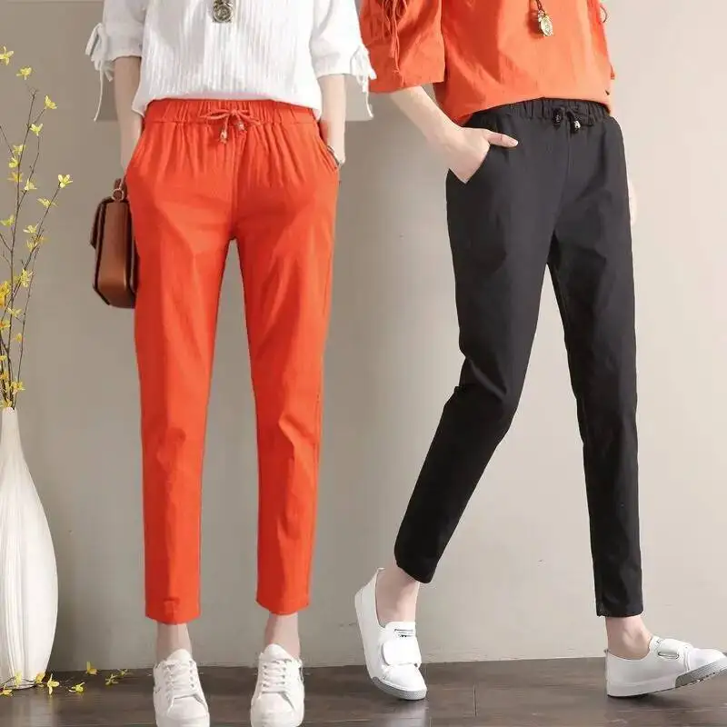 2025 Summer Pants For Women Solid Lace Up Harem Pant Casual Baggy Elastic High Waist Cropped Trousers Female Clothing