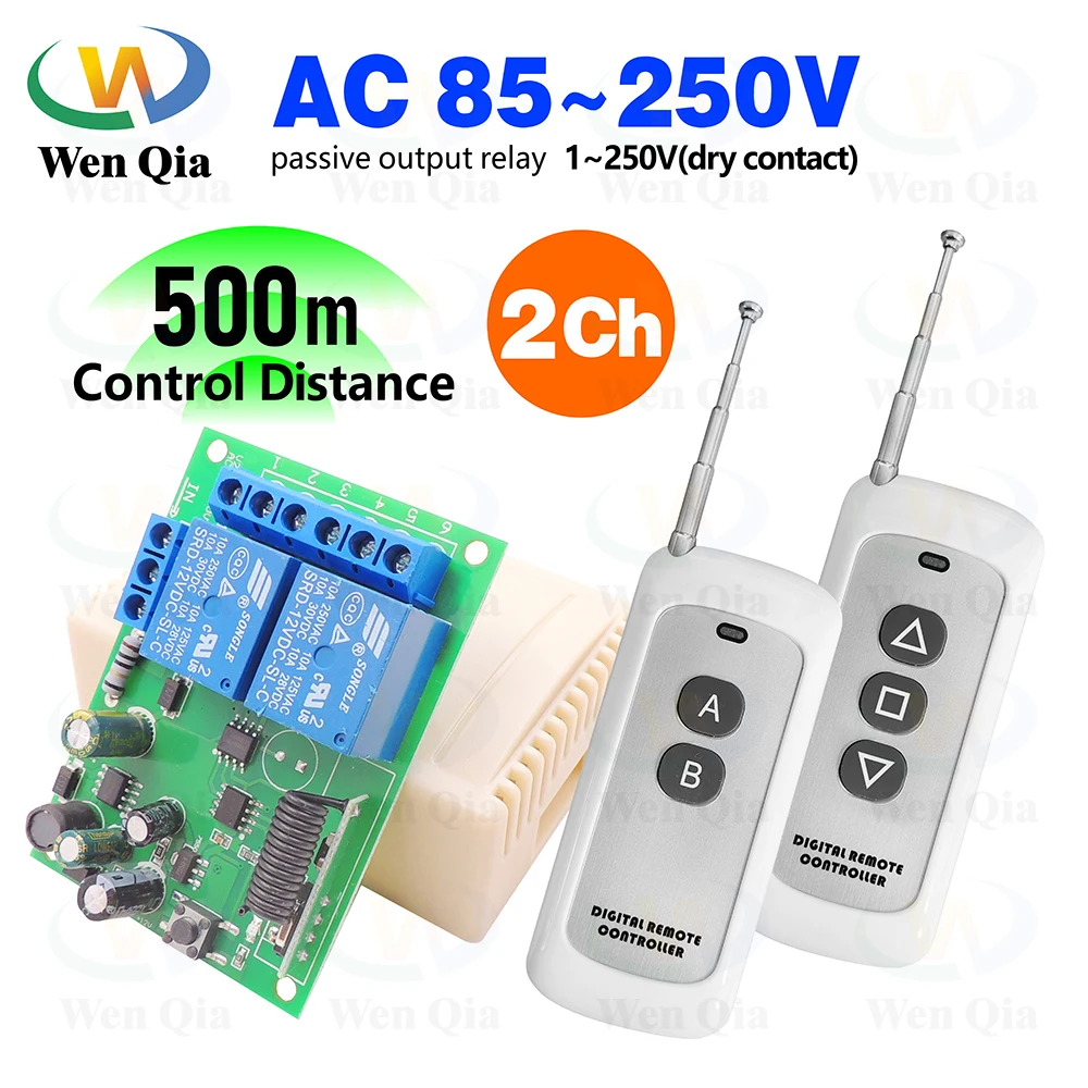 Interruptor de Controle Remoto Sem Fio Universal, Módulo de Relé 2CH, 500m Transmissor para Luz, Garagem, Guindaste, DIY, 433MHz, 110V, 220V