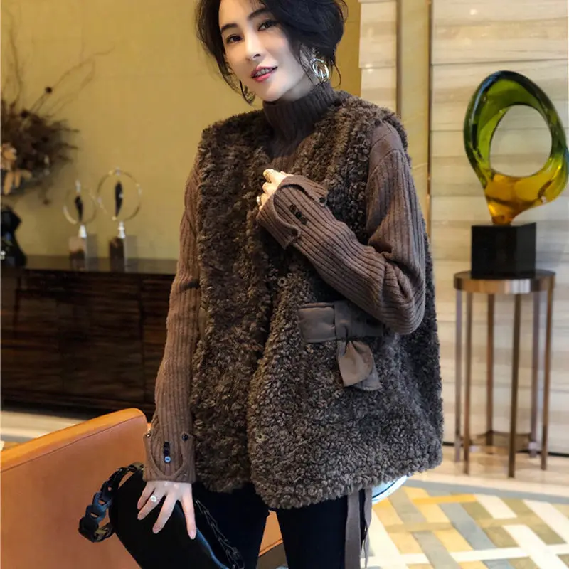 

Lamb Plush Bow Brown Waistcoat Woman Casual Coats on Sale Youthful Clothes Fashion 2024 Lightweight Padded Warm Vest for Women