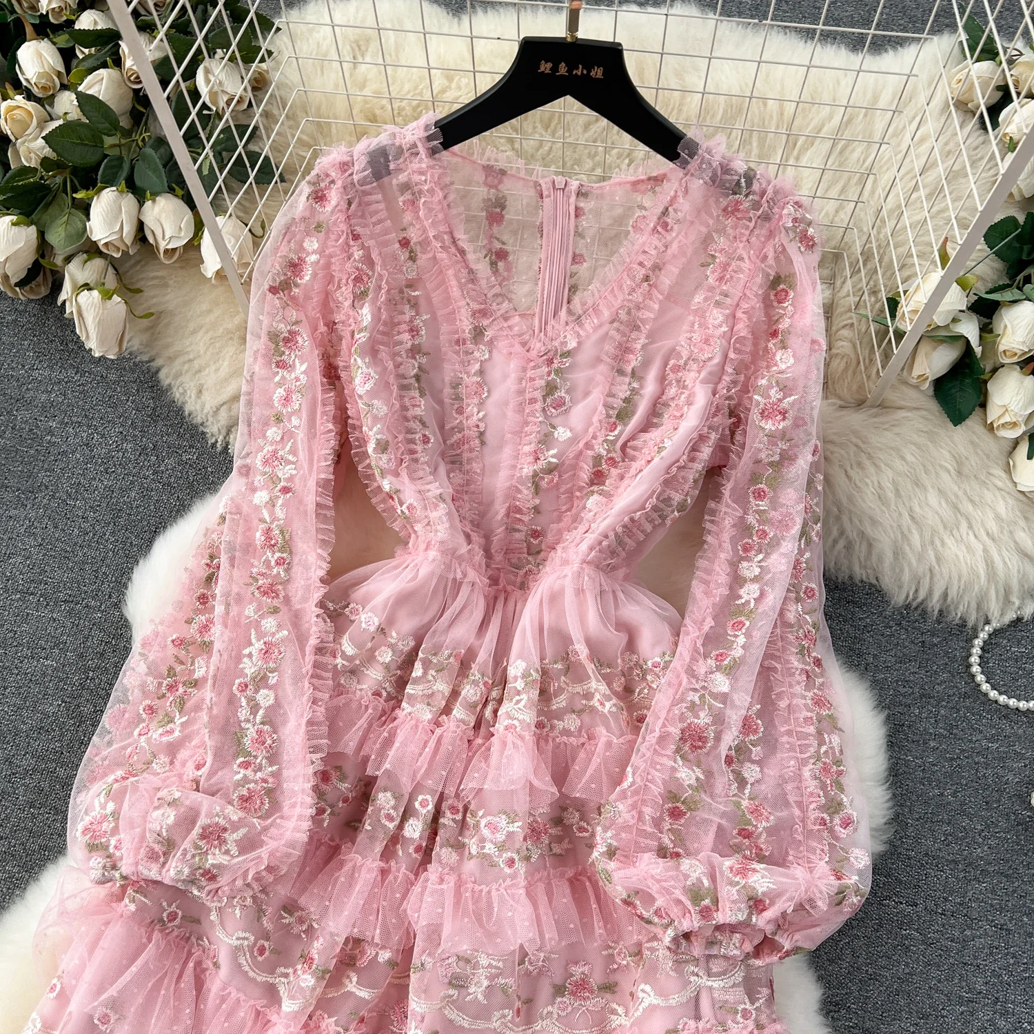 Retro Elegant Ruffle Embroidery Mesh V Neck Dress A-line Long Sleeve Casual High Waist Women Spring Autumn Bohemian Dresses