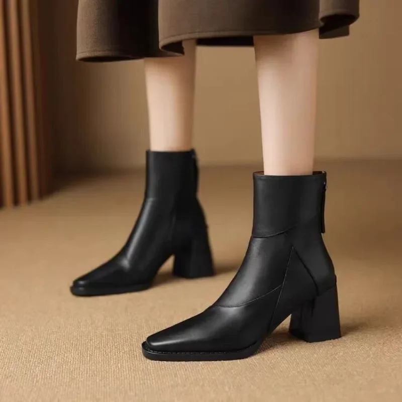 Fashion Retro Irregular Mid Heels Short Boots Womens Soft Leather Pointed Toe Side Zipper Modern Chelsea Boot Autumn Winter Shoe