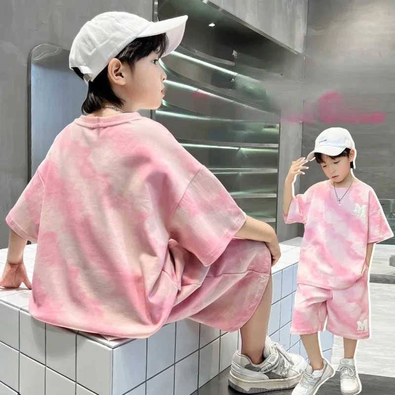 夏のファッション男の子綿アルファベットタイダイ-tシャツトップス-ショートパンツパンツスクールキッズトラックスーツ子供-2-ピース衣装ワークアウトセット-5-16-歳