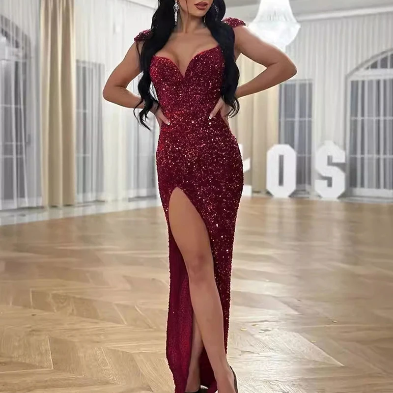 Temperament Elegant Solid Bag Hips Dresses Sexy V Neck Shiny Sequins Bodycon Dresses Fashion Sleeveless High Split Evening Dress