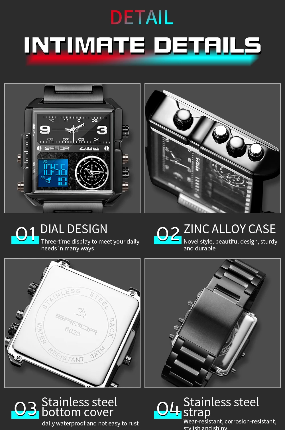 Square SANDA 6023 Casual Personality Business Men's Watch Fashion Square Electronic Watch Cool Stainless Steel Luminous Watch