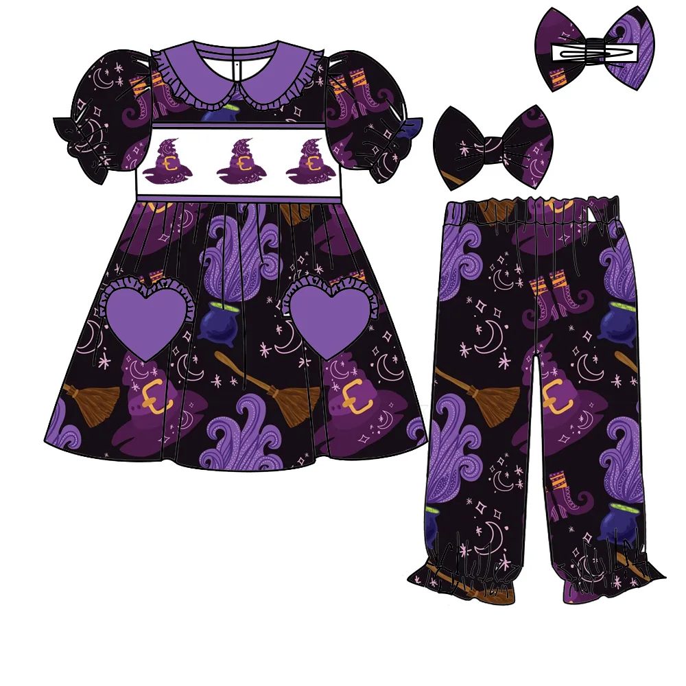

High Quality Purple Halloween Outfits Boutique Kids Pumpkin Magic Hat Print Pajamas Girls Boys Sets
