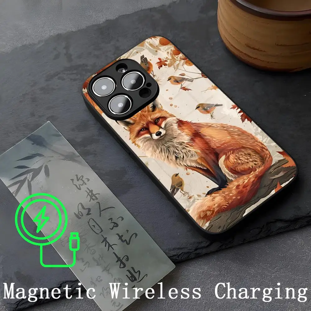 Cute Animal Fox Phone Case Strong Magnetism Glass For iPhone 14ProMax 15 13 12 15 11 Pro XS Max Plus Mini Coque