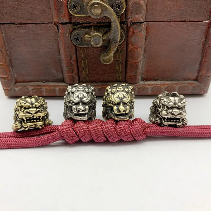 Chinese Ancient Palace Lion Head Knife Beads Brass Animal Figurines EDC DIY Paracord Woven Lanyard Pendants Jewelry Accessories