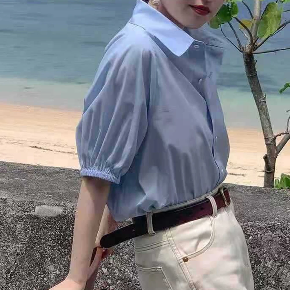 

Повседневная офисная элегантная футболка из полиэстера, синяя одежда стандартной длины, слегка эластичная ткань