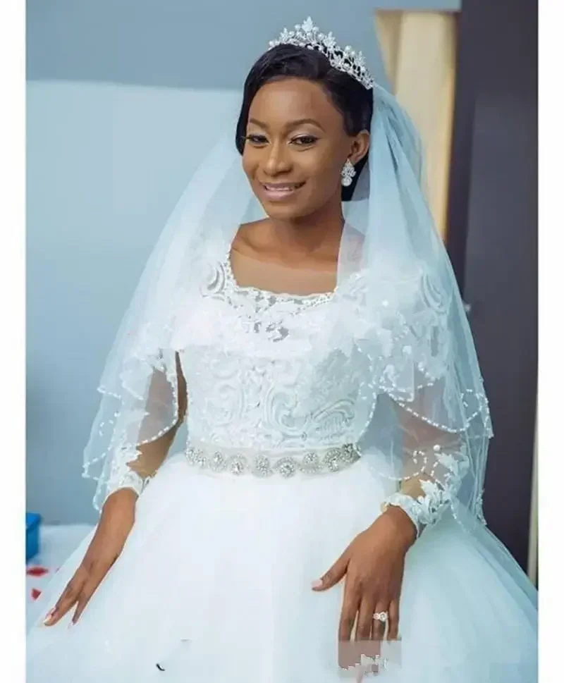 Customized Nigerian Lace Beads Wedding Dress Long Sleeve Tulle Vestido De Novia Country Formal Africa  Bridal Gown