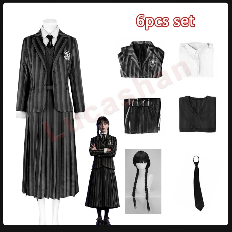 School Girl Uniform Wednesday Addams Merlina Cosplay Costume Wig Nevermore Academy Uniform For Woman Adult Kid Halloween Clothes