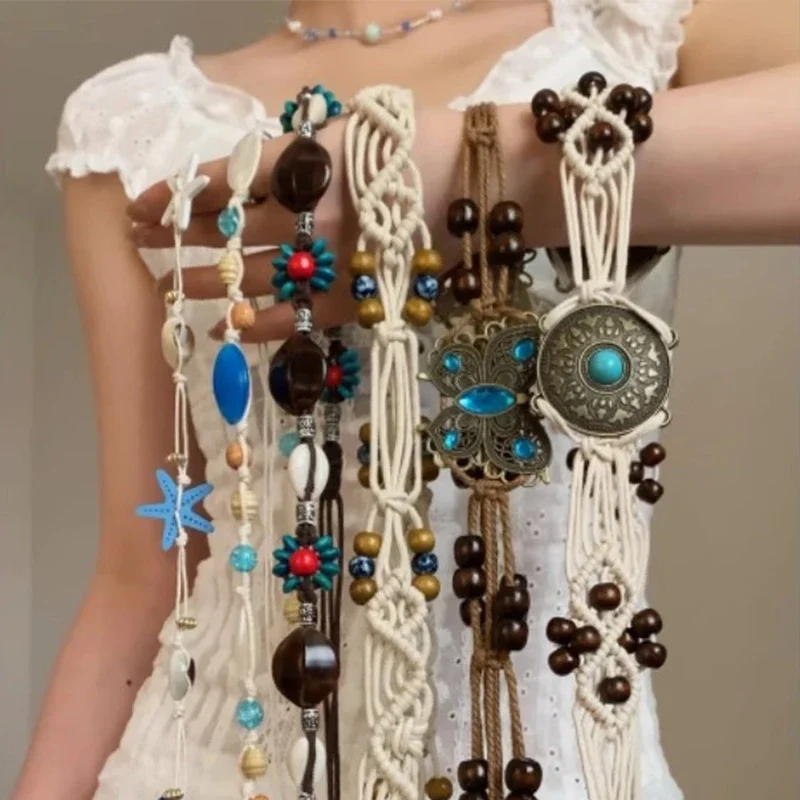 

Bohemian Style Butterfly Water Diamond Woven Ethnic Style Handmade Wooden Bead Women's Belt Casual Vacation Style Waist Rope