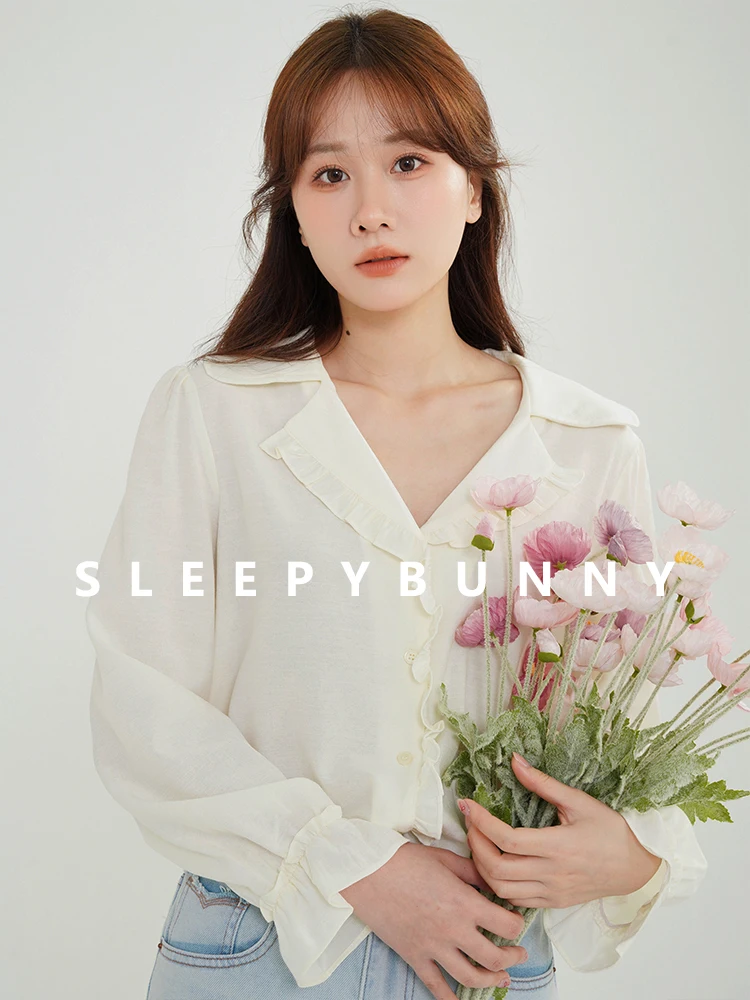 

French V Neck Lantern Sleeve Blouse for Women Elegant Loose Fit Satin Shirt Summer Chic Top Draped Design Niche Fashion Outfit