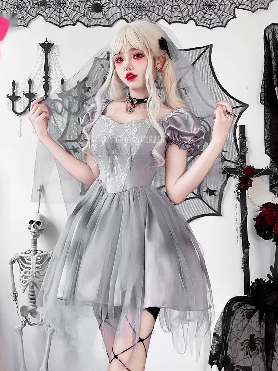 Halloween adult cos costume ghost bride wedding dress short skirt subculture goth dark girl vampire dress