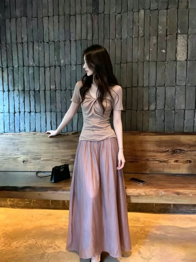 

Elegant V-Neck Long Dress Set Women's Summer Fashion High Waist A-Line Skirt Short Sleeve Casual Comfortable Linen Outfit