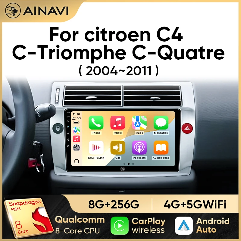 Ainavi Car Radio For Citroen C4 C-Triomphe C-Quatre 2004 2005 2006 2007 2008 2009 Wireless Carplay Android Auto Multimedia 2 Din