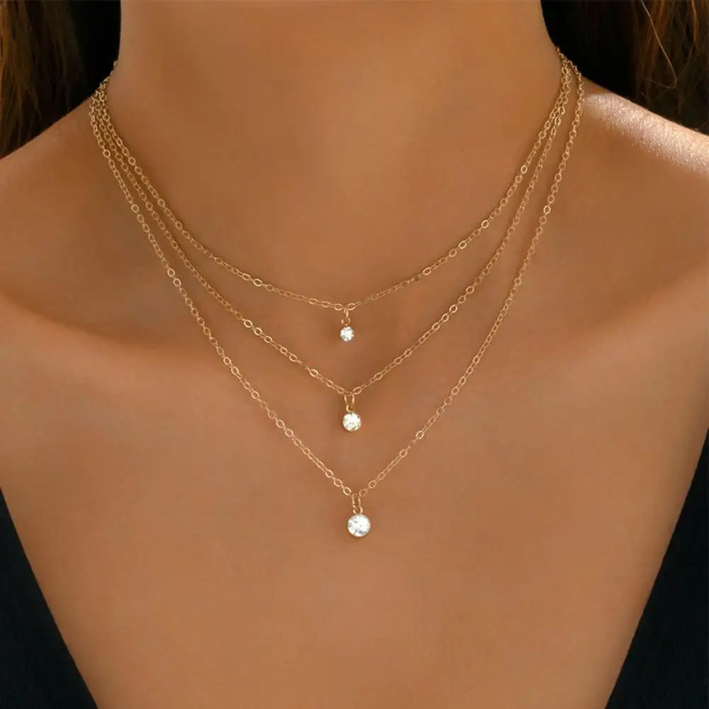 Women Necklace Round Rhinestone Pendant Three Layers Chain  Necklace with Extended Length Party Neck Jewelry Wedding Necklace