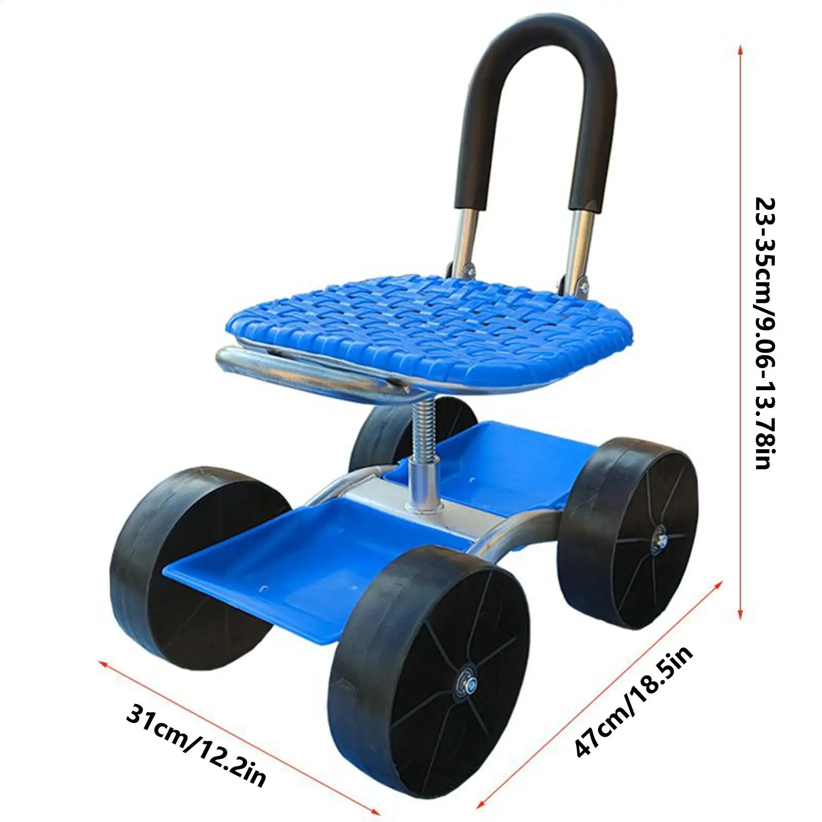 Asiento de jardín con ruedas, carrito de jardín ajustable con ruedas para plantar, silla de jardinería giratoria de 360 grados, bandeja de herramientas para exteriores