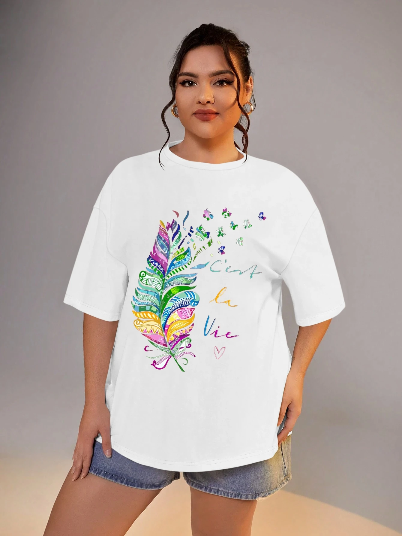 

women's plus size clothing colorful feather butterfly print short sleeve big size t-shirt summer