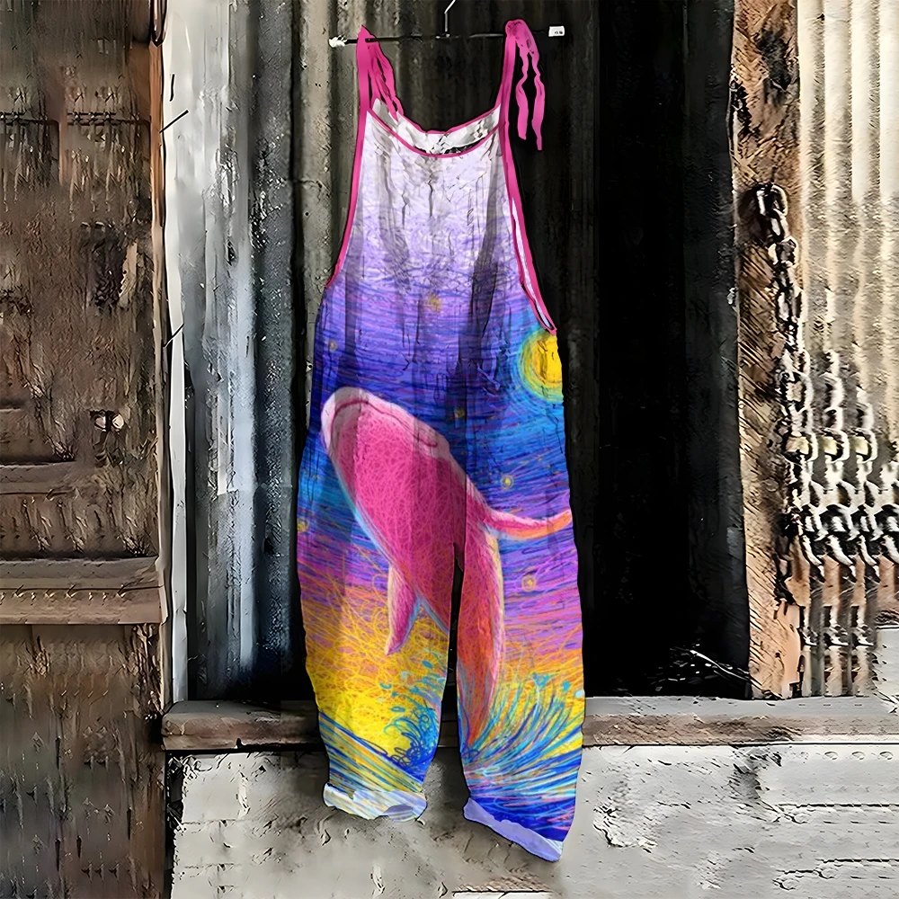 Casual Jumpsuit for Women, Loose Fashion, Art Color, Oil Painting, Dolphin Print Overalls, Girl Wear, Clothing Pants