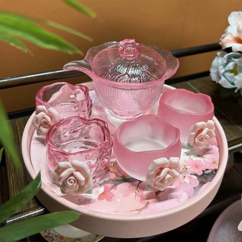 

Sakura Pink Hand-Held Pot Girl's Pinch Flower Glass Heat-Resistant Covered Bowl European Style Complete Set for Home Use Korean Style