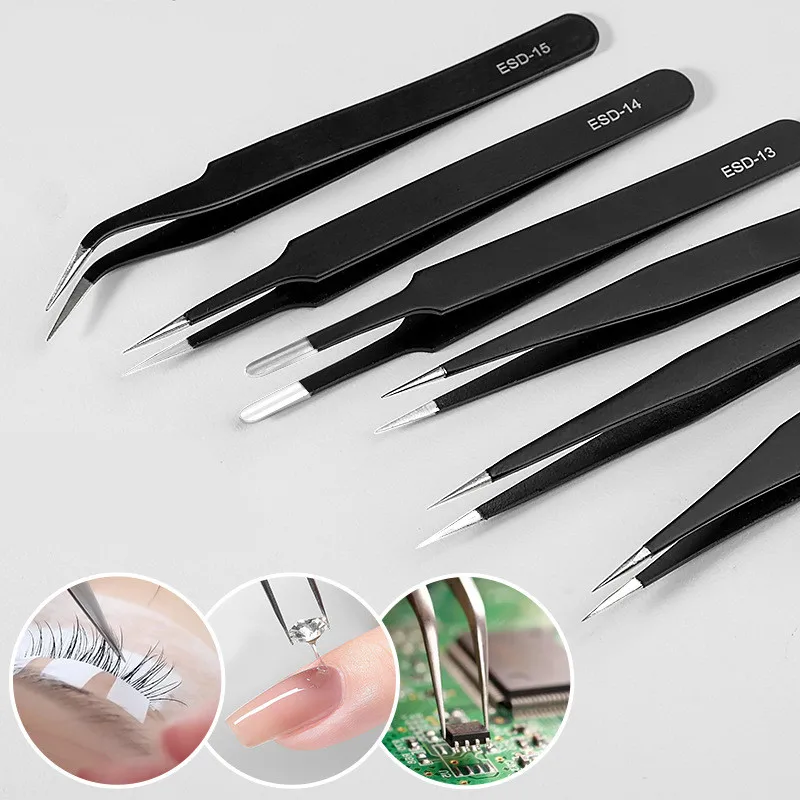 6pcs/set Precision ESD Anti‑Static Tweezers Kit, Stainless Steel Straight & Curved Tip Tweezers for Electronics Eyelash Nail