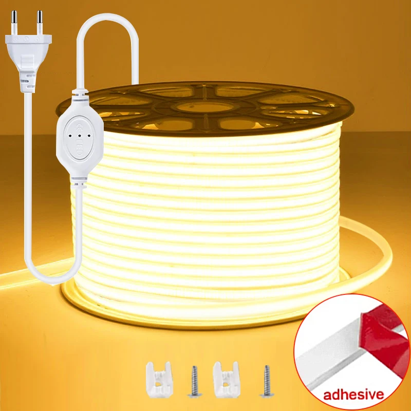 Tira conduzida cob de alto brilho 220v adesivo plugue da ue cob tira conduzida fita flexível à prova dwaterproof água para sala cozinha iluminação