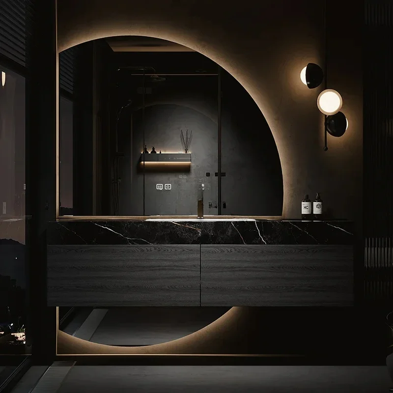 

Light luxury bathroom cabinet combination luxury stone seamless ceramic basin rock slab bathroom washstand cabinet