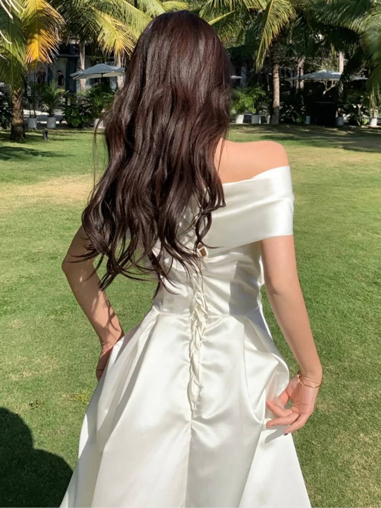 Vestido de boda blanco elegante para mujer, traje elegante con lazo, línea A, informal, para fiesta de graduación, Verano