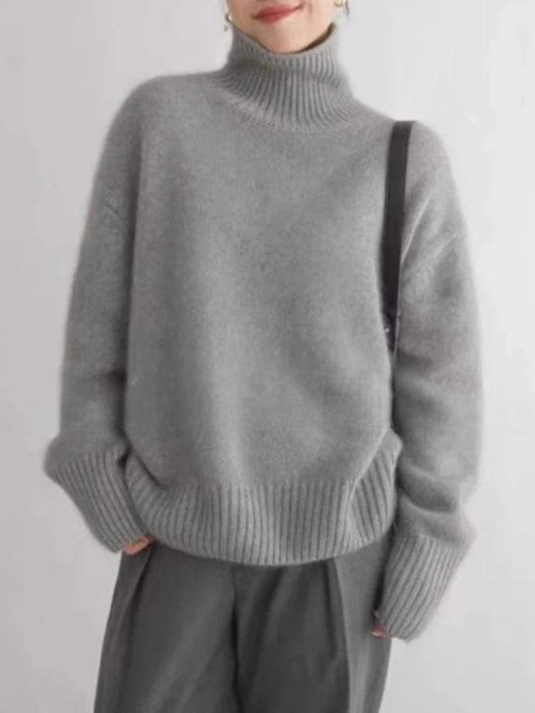 

Autumn Winter New High Collar Cashmere Sweater Women Pure Color Cashmere Thick Knitted Pullover 2024 Loose Languid Sweater Tops