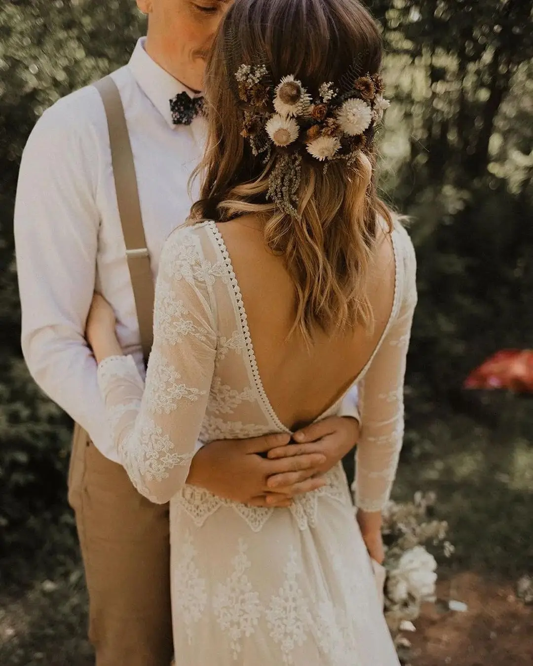 Xunbei-Robe de Mariée en Dentelle Ivoire et Mousseline de Soie pour Patients Bohème, Dos aux, Manches sulf, Ligne A, Pompon, Quelle que soit la Simple