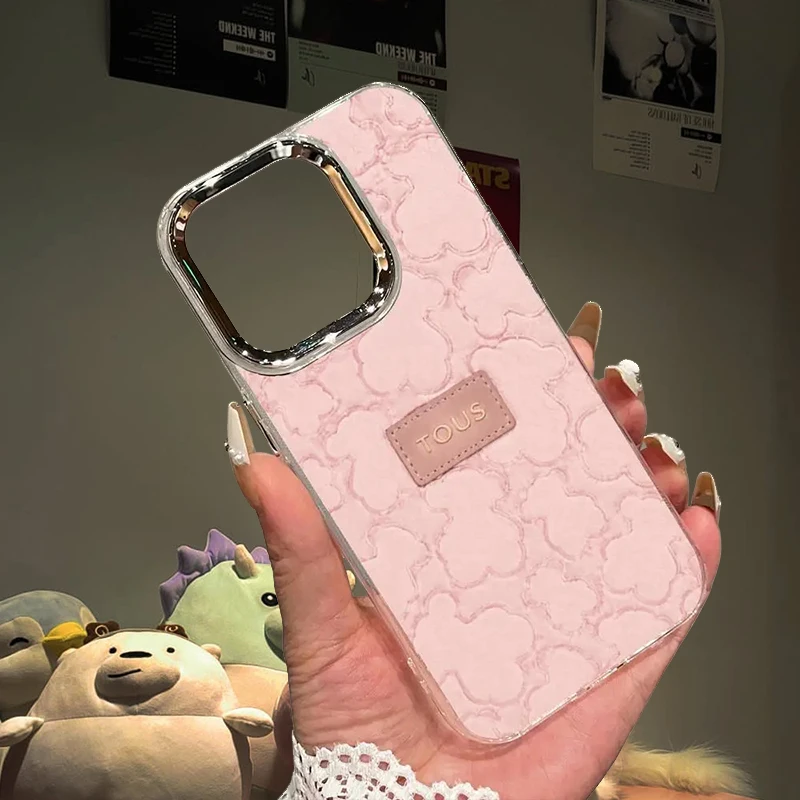 Luxuriöse Leder-Handyhülle mit Bärenmuster und T-TOUS-Linsenrahmen für iPhone 18 17 Air 16 15 14 13 12 11 Pro Max XS Max X, weiche Schutzhülle