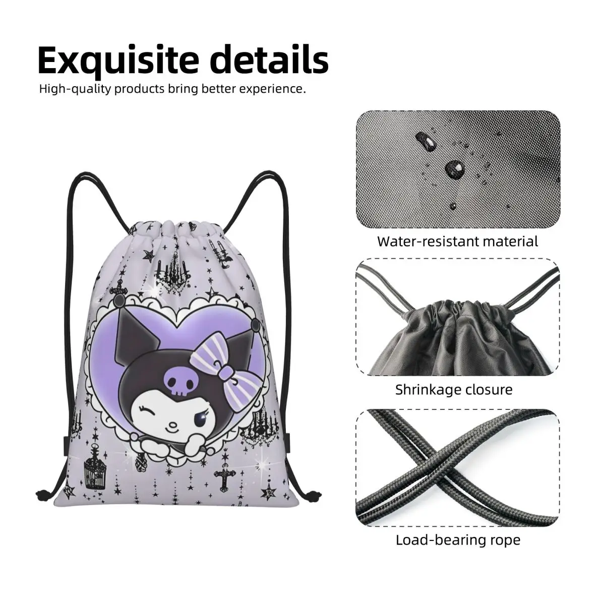 커스텀 만화 산리오 쿠로미 애니메이션 드로스트링 백 남녀 공용 경량 카와이 해골 스포츠 짐 수납 백팩