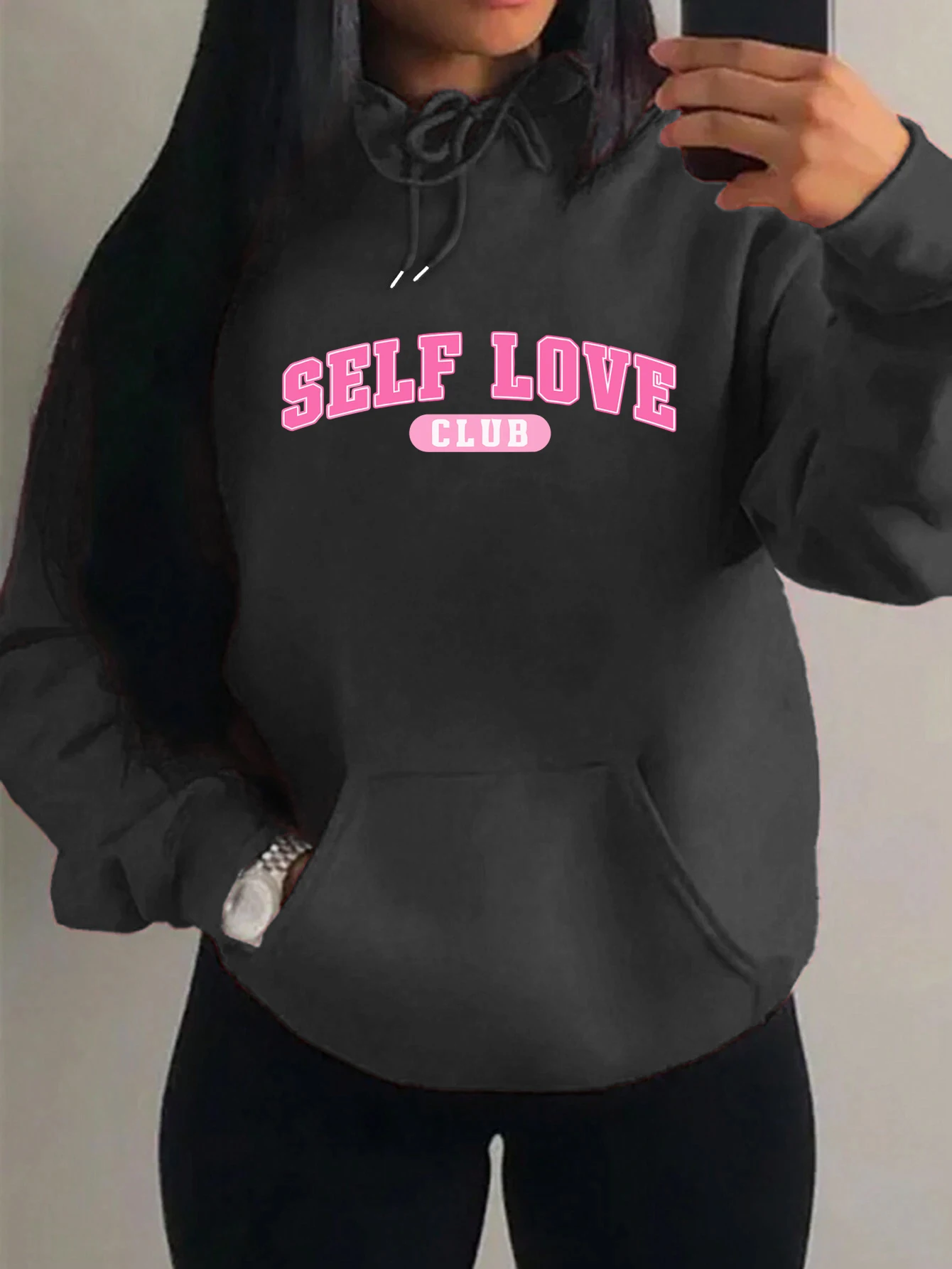 

Self Love Club Pink Letter Pattern Women Hoodie Autumn Street Pullover Simplicity Casual Clothing Female Fleece Oversized Hoody