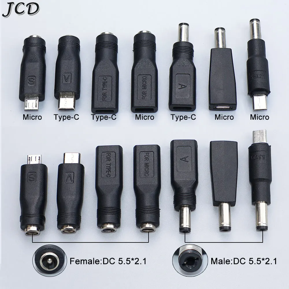 JCD 1PC DC Plug 5.5x2.1mm to Type-C Miro USB Power Supply Connector Jack 5V Female Male USB C to 5.5*2.1 MM Adapter Plug