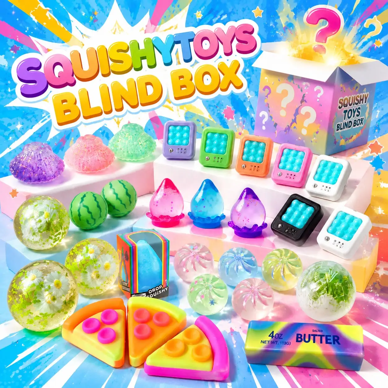 Mystery Box Squishy Toys – 1 Pull (Blind Box) – 9 Items: Random Maltose Shell, Random Clicker, Pizza, Spring Daisy Ball, Random Maltose Water Drop Cylinder, Watermelon, Matcha Frappuccino Crispy Ball, Random Crystal Mini Bun, Random Color Butter Bar